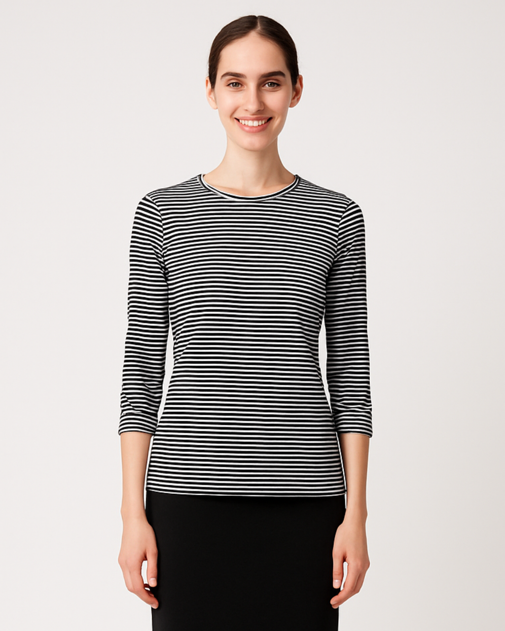 High Neck Fitted Tee - Lightweight Ribbed Top with Three Quarter Sleeves