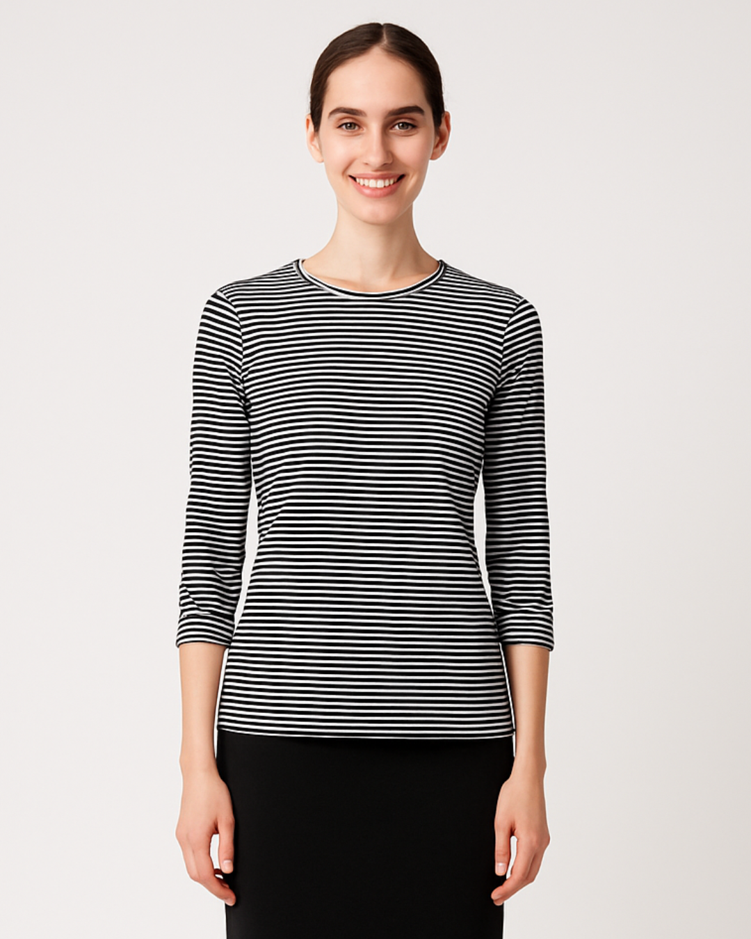 High Neck Fitted Tee - Lightweight Ribbed Top with Three Quarter Sleeves