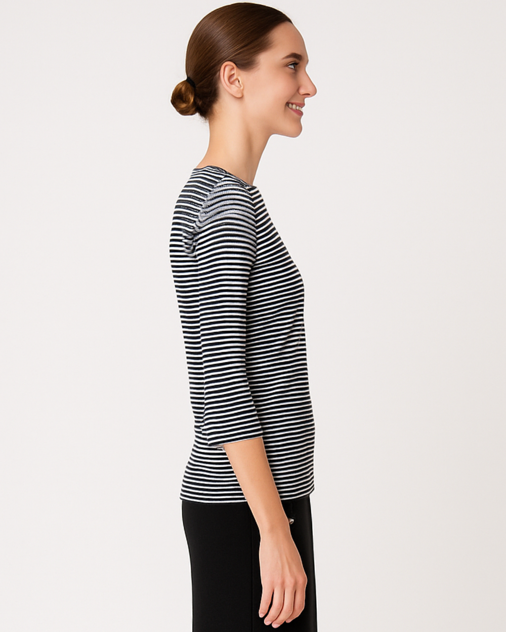 High Neck Fitted Tee - Lightweight Ribbed Top with Three Quarter Sleeves