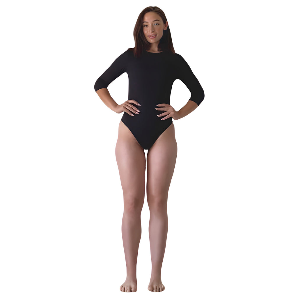 Modest 3/4 Sleeve High Neckline Bodysuit Shell - Snap Closure Layering Top