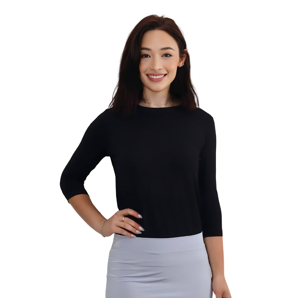 Modest 3/4 Sleeve High Neckline Bodysuit Shell - Snap Closure Layering Top