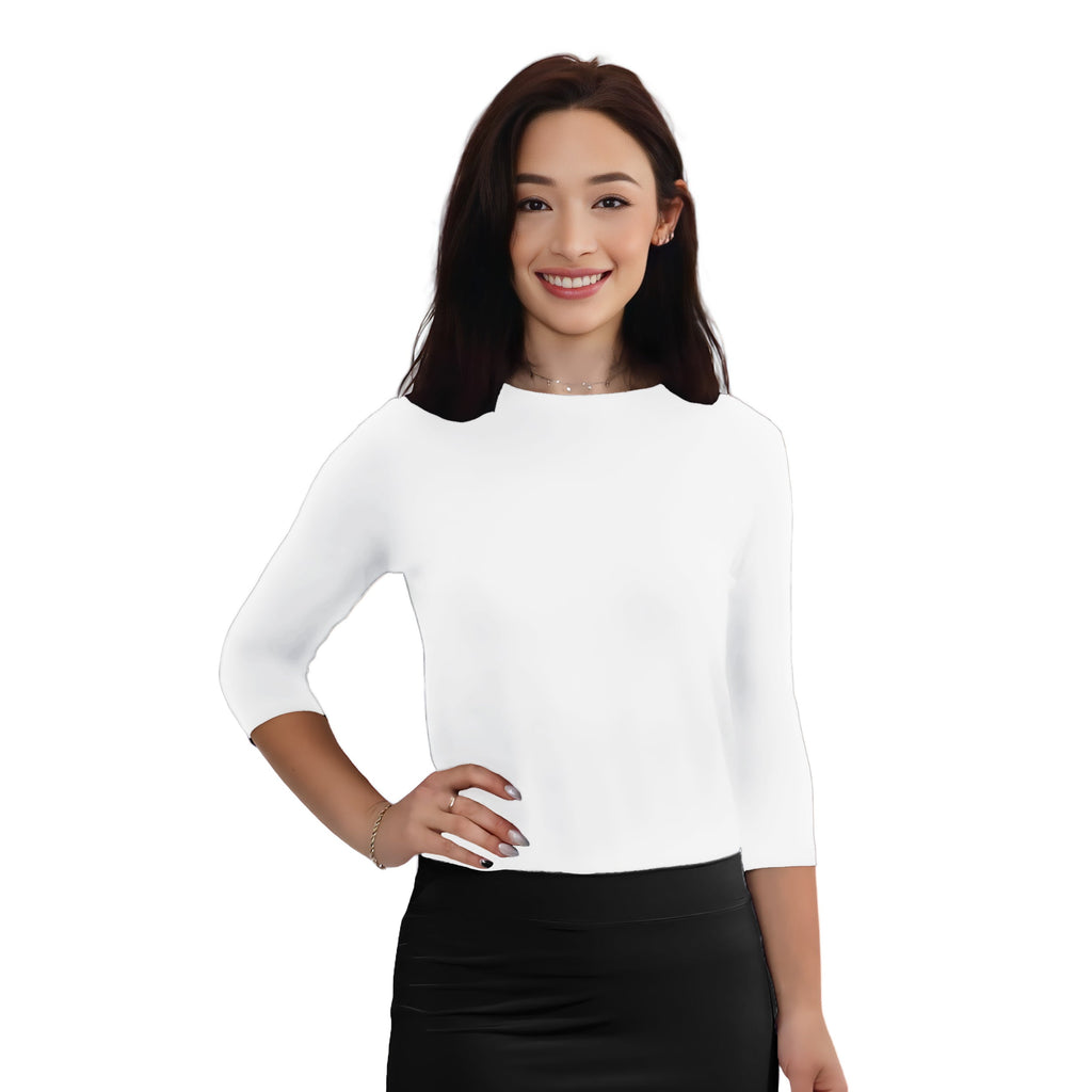 Modest 3/4 Sleeve High Neckline Bodysuit Shell - Snap Closure Layering Top