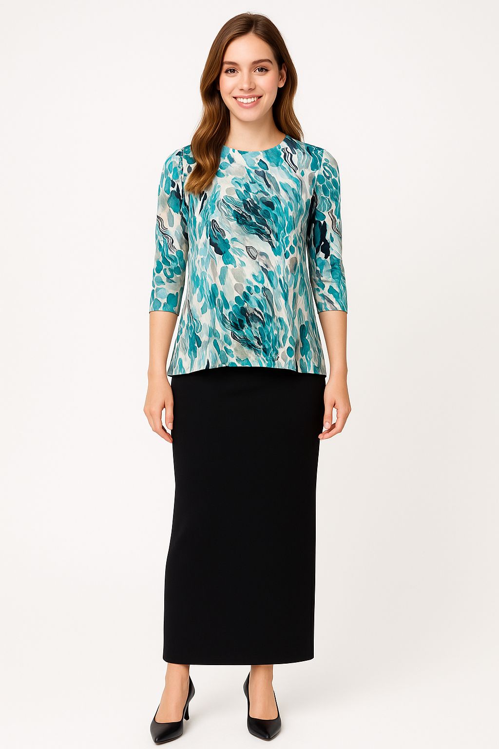 Modest Flow Tunic - High Neckline, 3/4 Sleeves with Modern Slit Detail