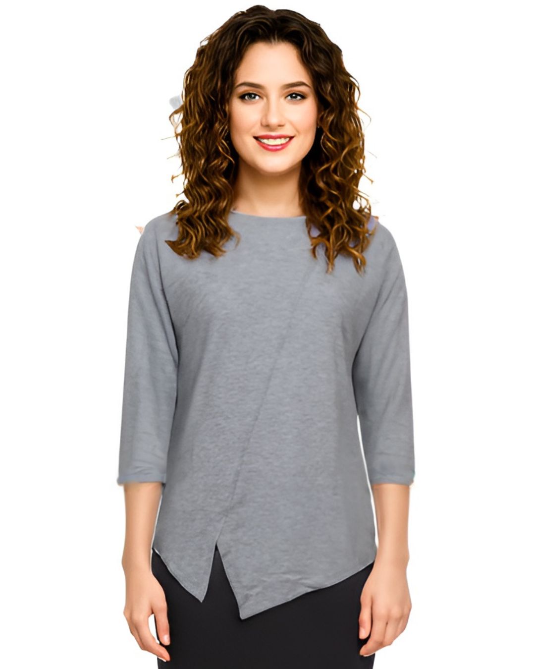 Asymmetric Waffle Knit T-Shirt with Elongated Front Hem - 3/4 Sleeve High Neck Women's Top