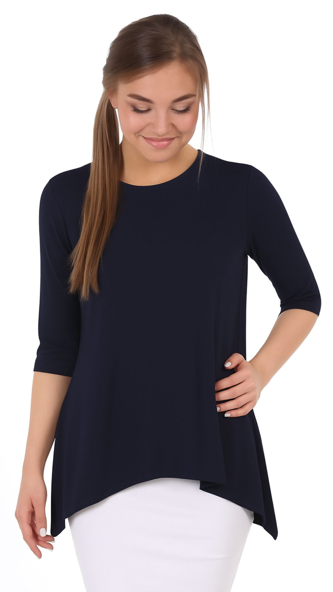 Modest Handkerchief Tunic Top - 3/4 Sleeve Comfort Flow Design