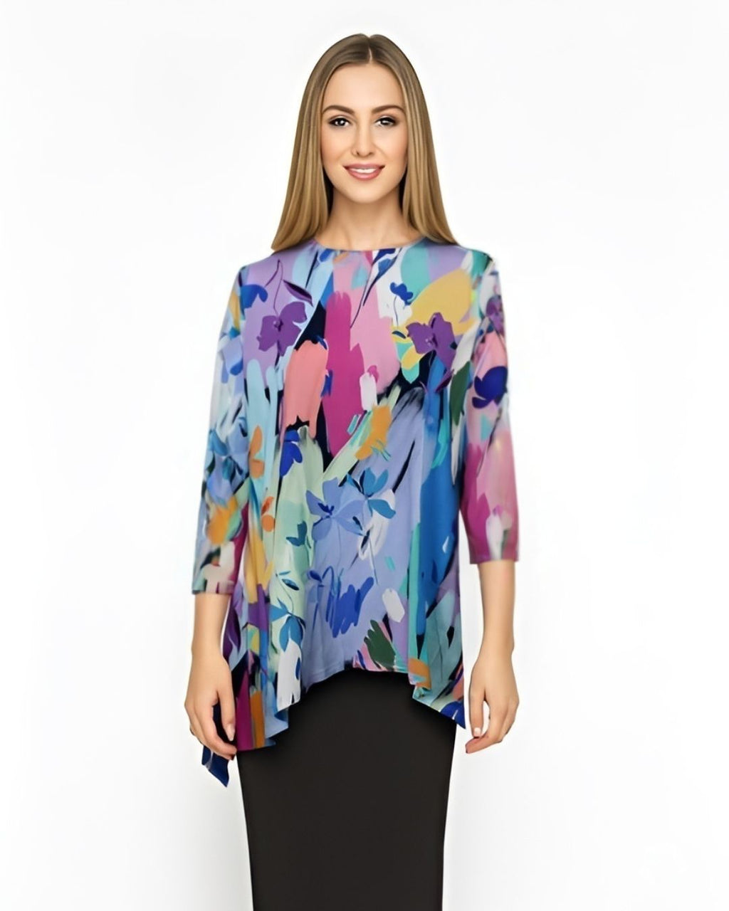 Modest Handkerchief Tunic Top - 3/4 Sleeve Comfort Flow Design