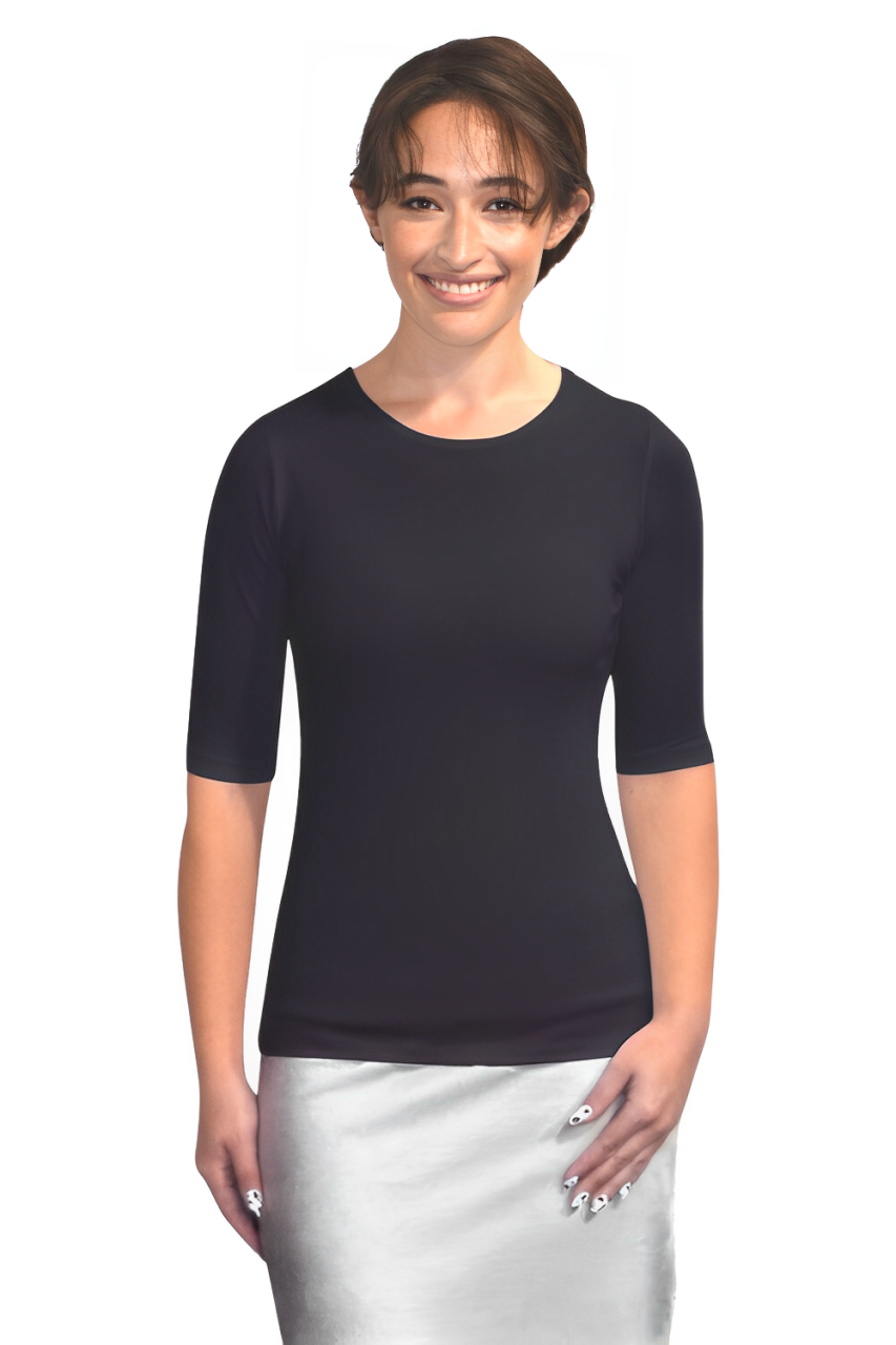 Women's and Plus Size Fitted Layering Shell - Modest Round Neck with Elbow Sleeves