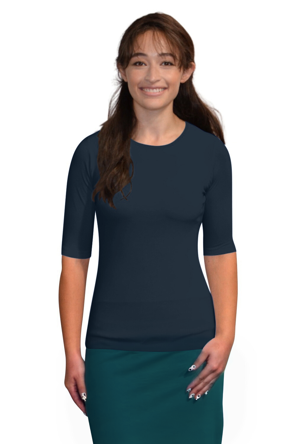 Women's and Plus Size Fitted Layering Shell - Modest Round Neck with Elbow Sleeves