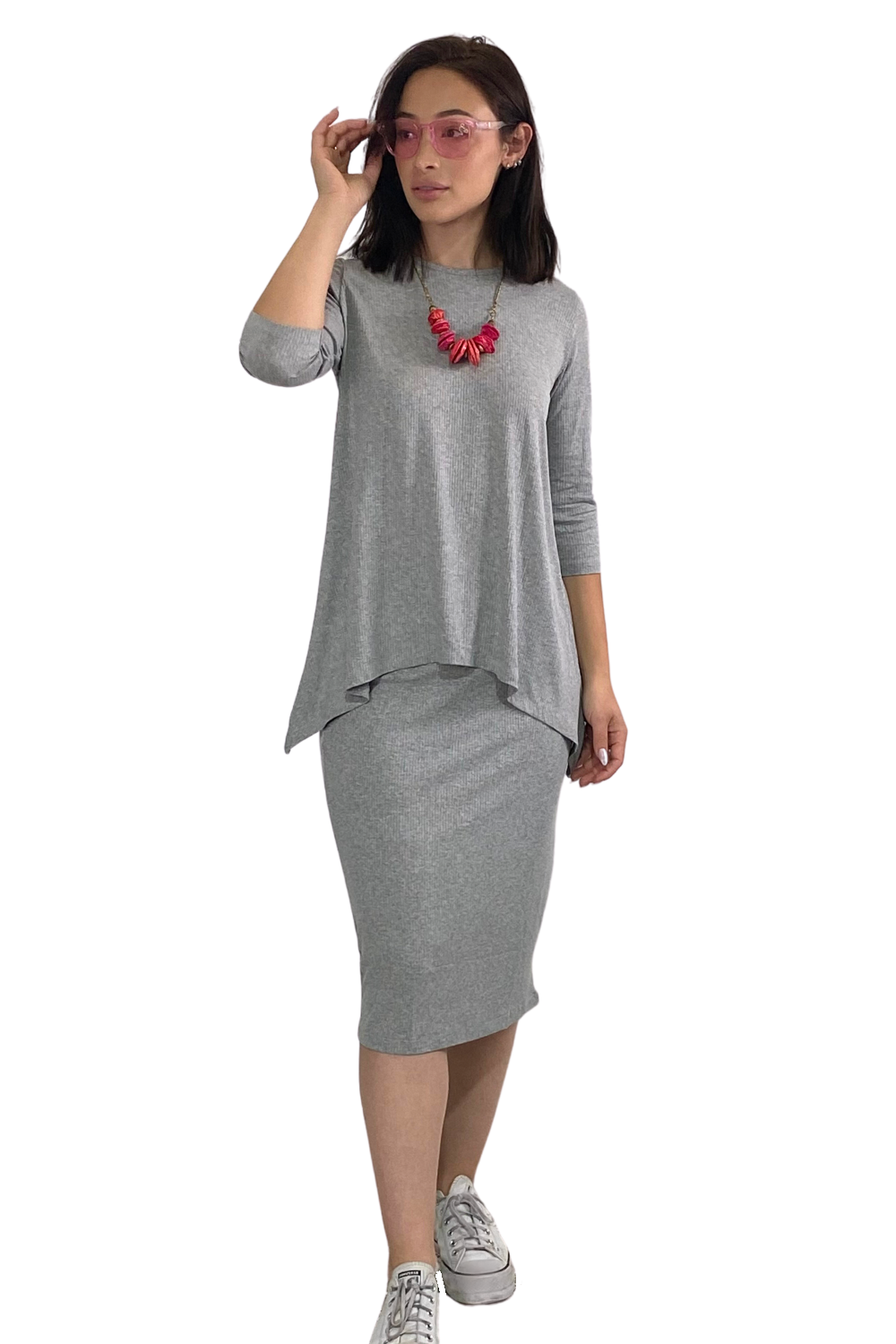 Ribbed 3/4 Sleeve Tunic with Handkerchief Hem