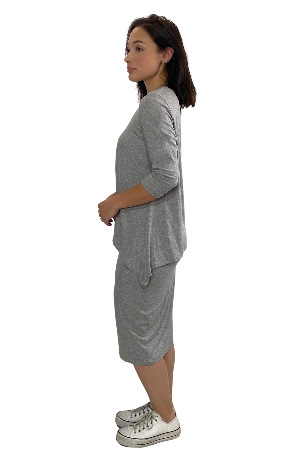 Ribbed 3/4 Sleeve Tunic with Handkerchief Hem