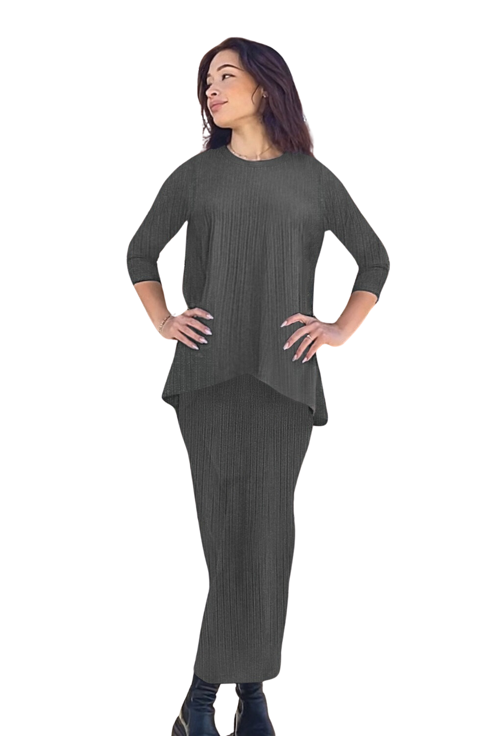 Textured Ribbed Handkerchief Tunic with 3/4 Sleeves