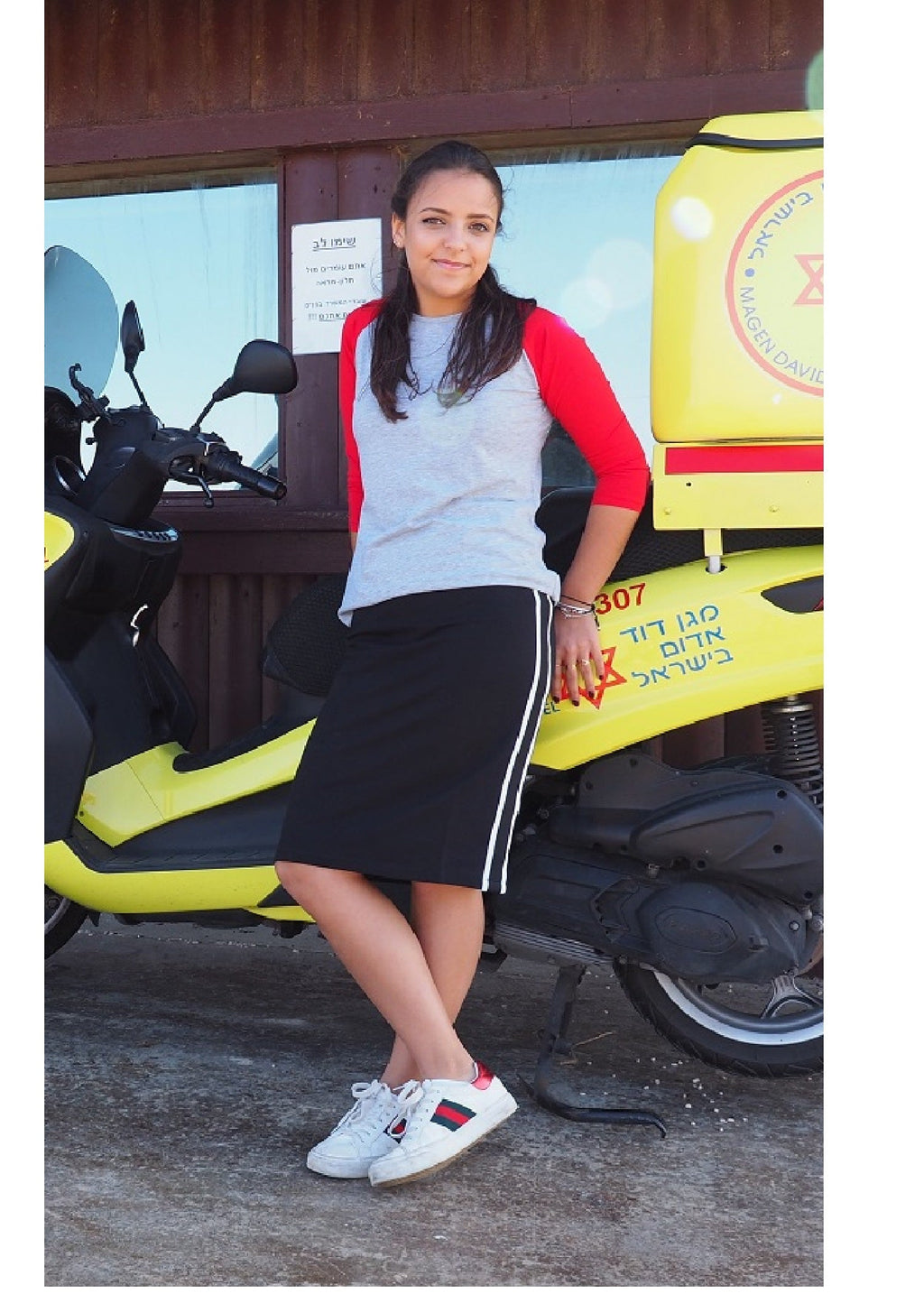 Sporty Side Stripe French Terry Knee-Length Skirt in Cotton Spandex