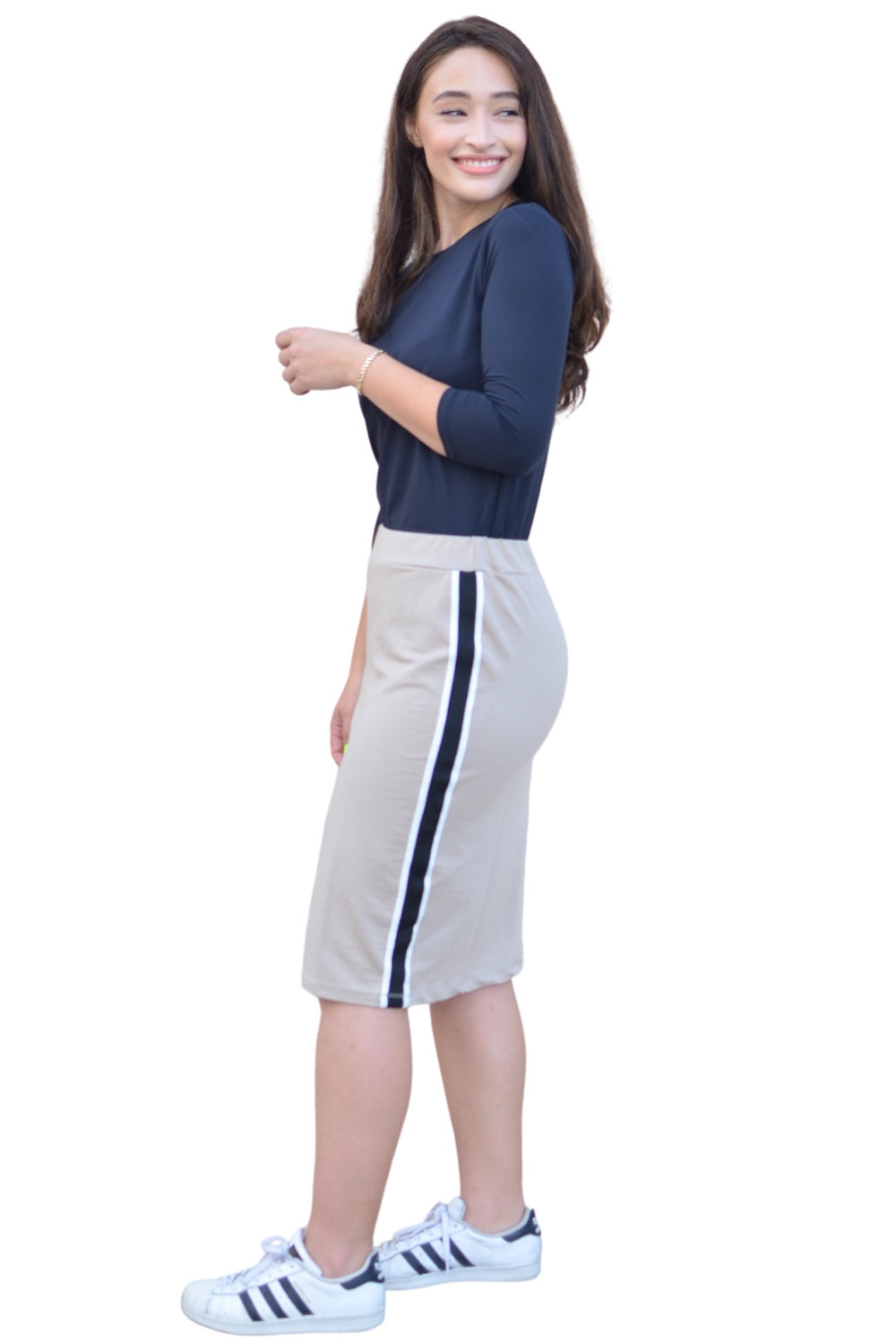 Sporty Side Stripe French Terry Knee-Length Skirt in Cotton Spandex