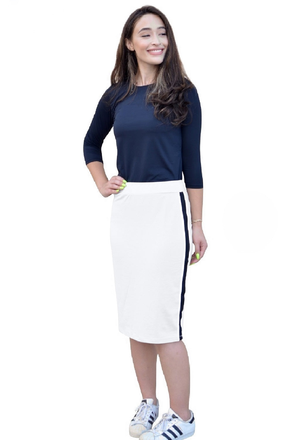 Sporty Side Stripe French Terry Knee-Length Skirt in Cotton Spandex