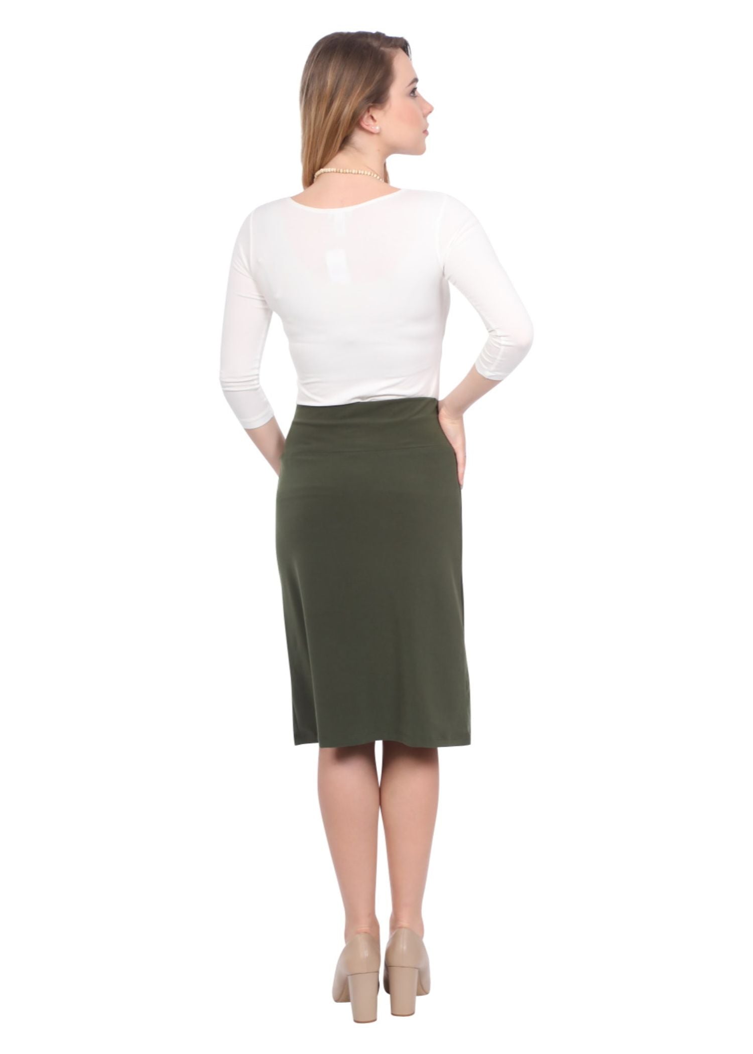 Dressy Modest Stretch Pencil Skirt with Subtle Sheen
