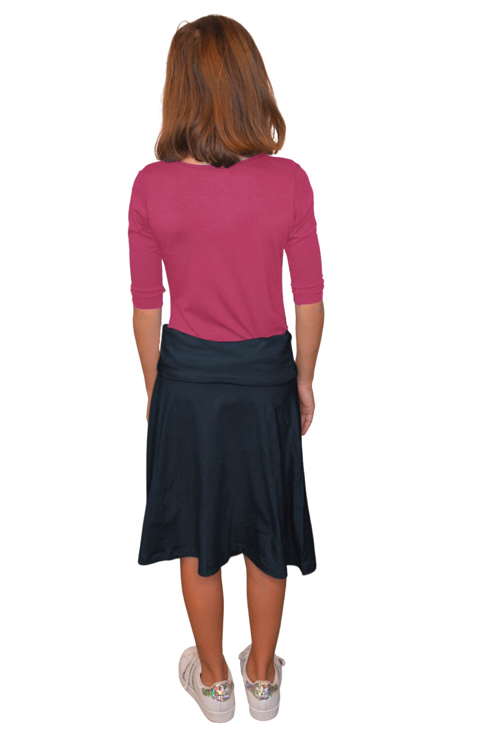 Girls Midi Skater Skirt with Fold-Over Waistband in Cotton Spandex