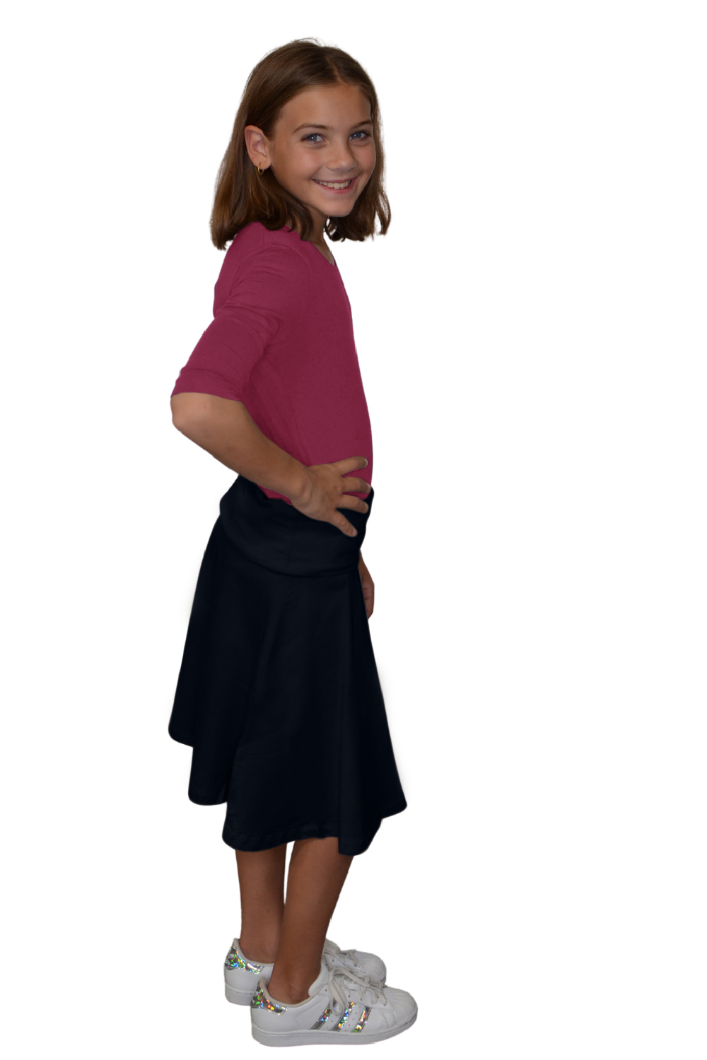 Girls Midi Skater Skirt with Fold-Over Waistband in Cotton Spandex