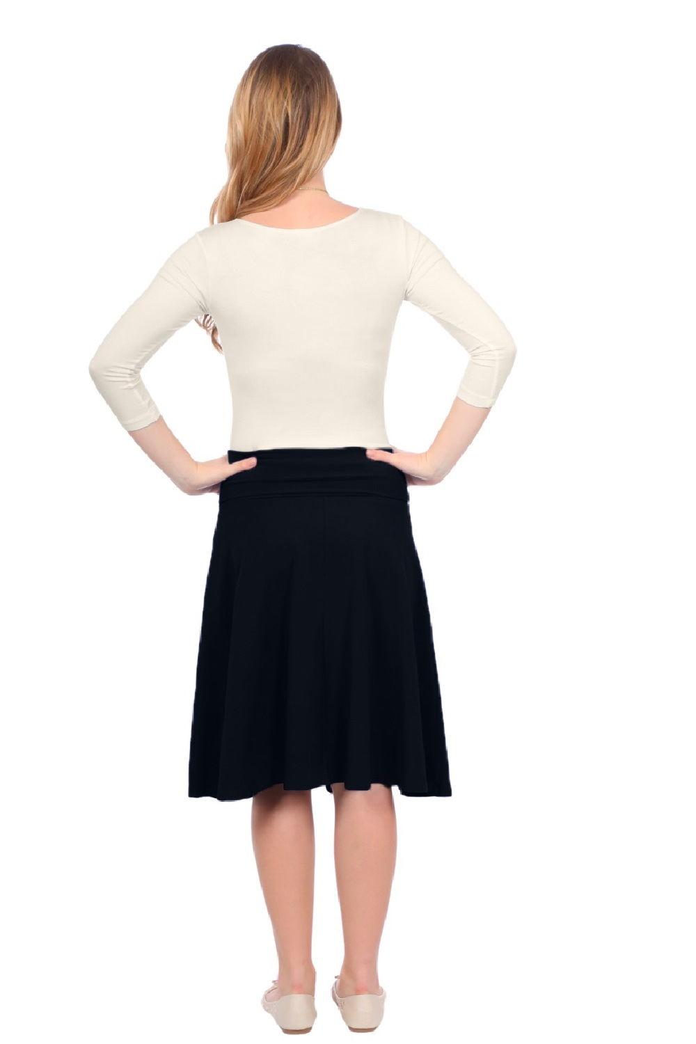 Midi Skater Skirt with Fold-Over Waistband in Cotton Spandex