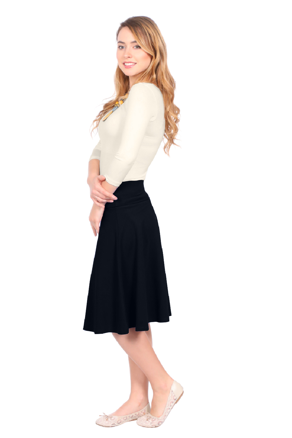 Midi Skater Skirt with Fold-Over Waistband in Cotton Spandex