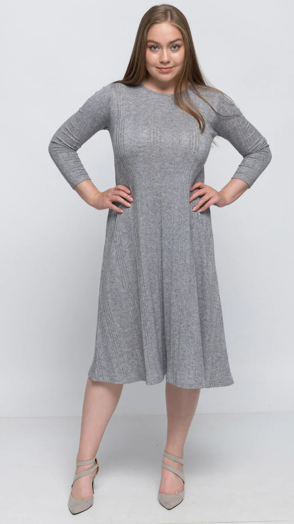 Grey Sweater Knit Rib A-Line Dress