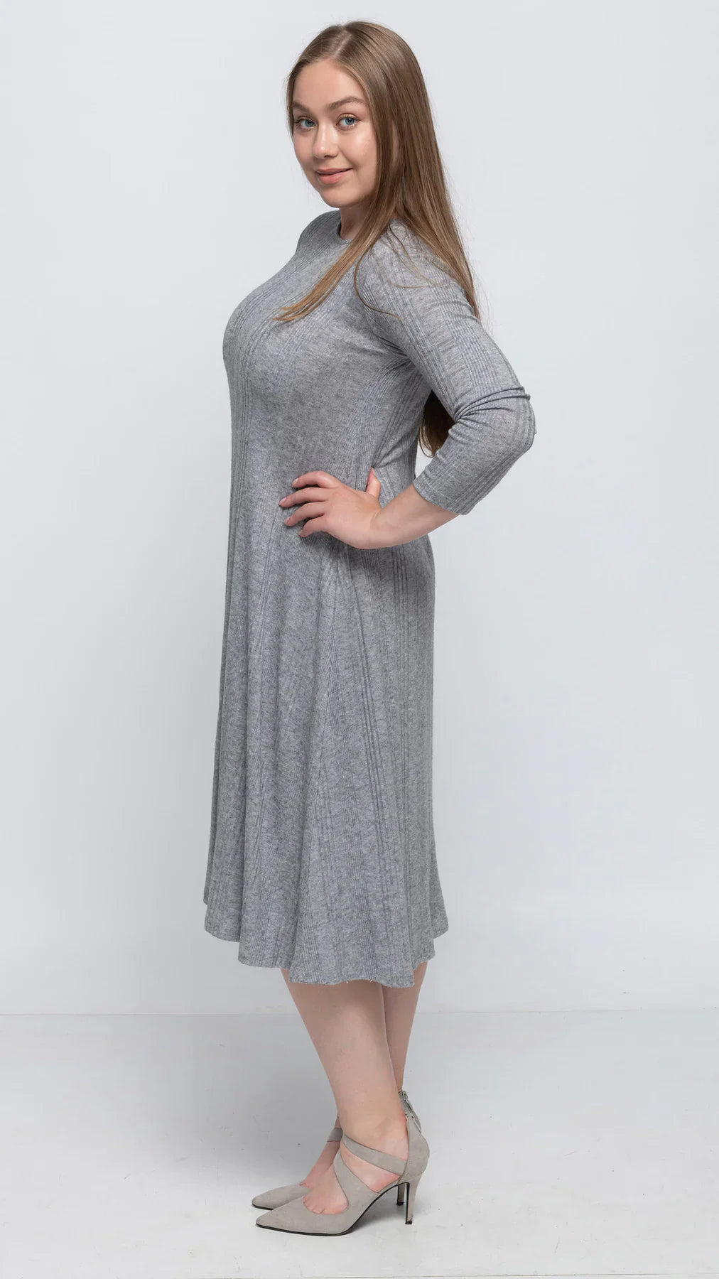 Grey Sweater Knit Rib A-Line Dress