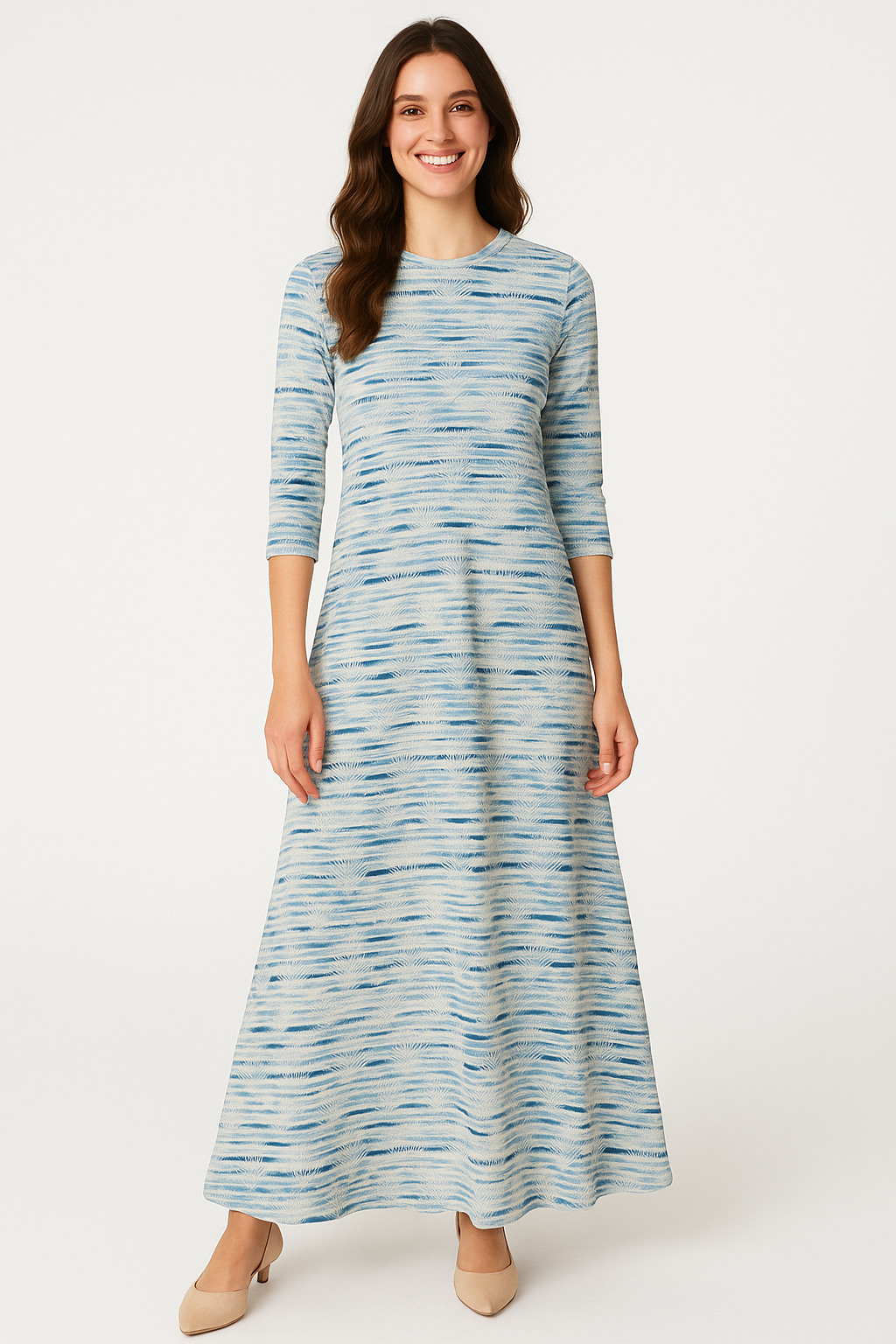 Fitted Bodice Maxi Summer Dress with 3/4 Sleeves with Pockets