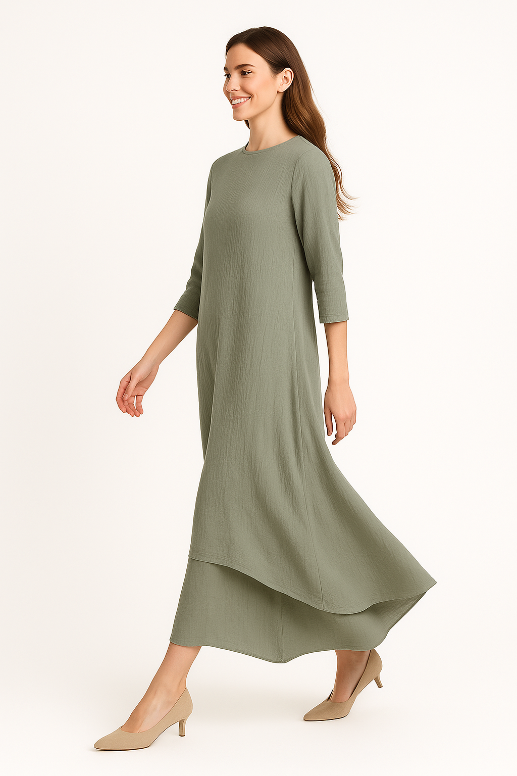 Modest Maxi Dress - Three Quarter Sleeve Soft Cotton Crinkle Fabric Double Layer Design