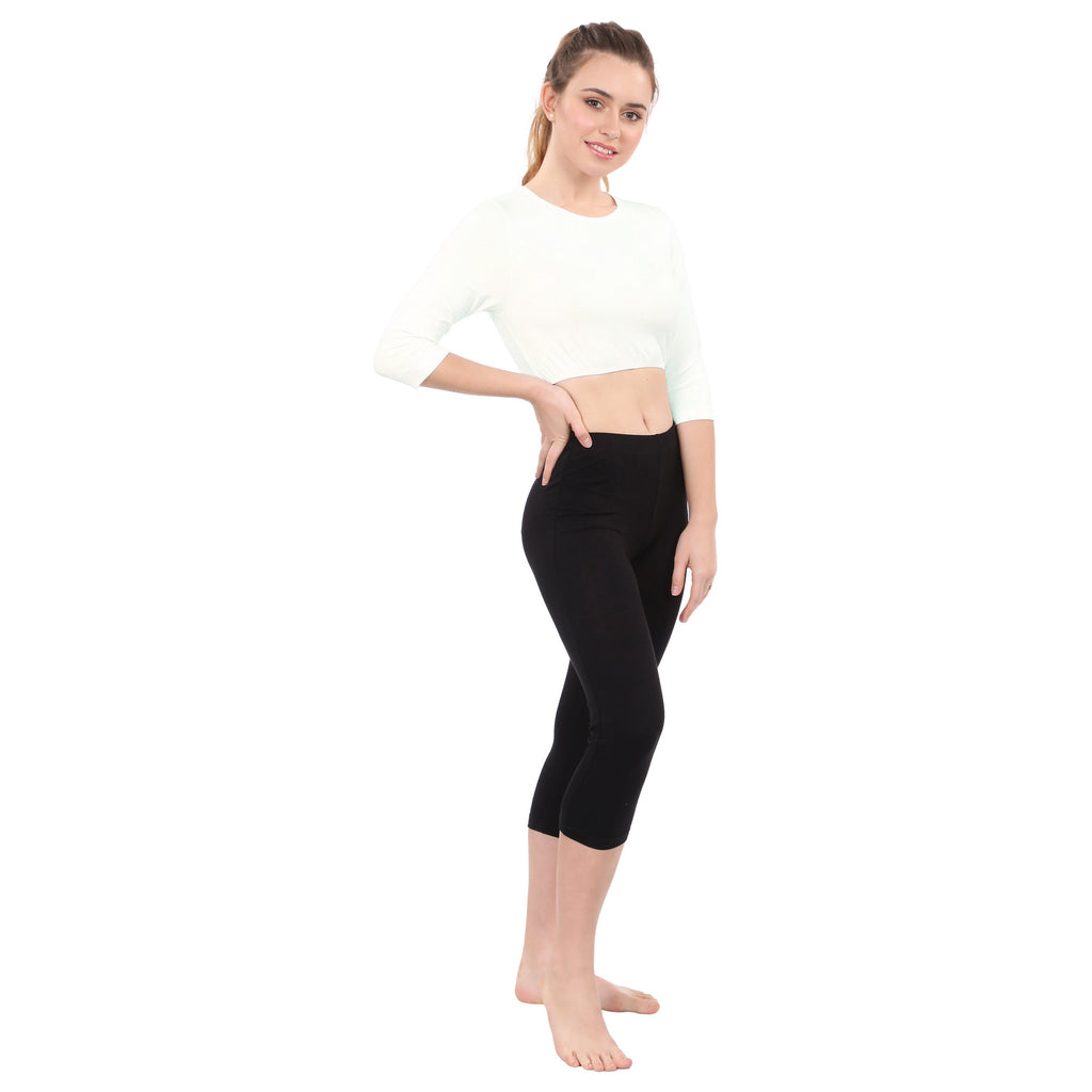 Modest Neck Cropped Layering - Cotton Spandex 3/4 Sleeve Shell Top