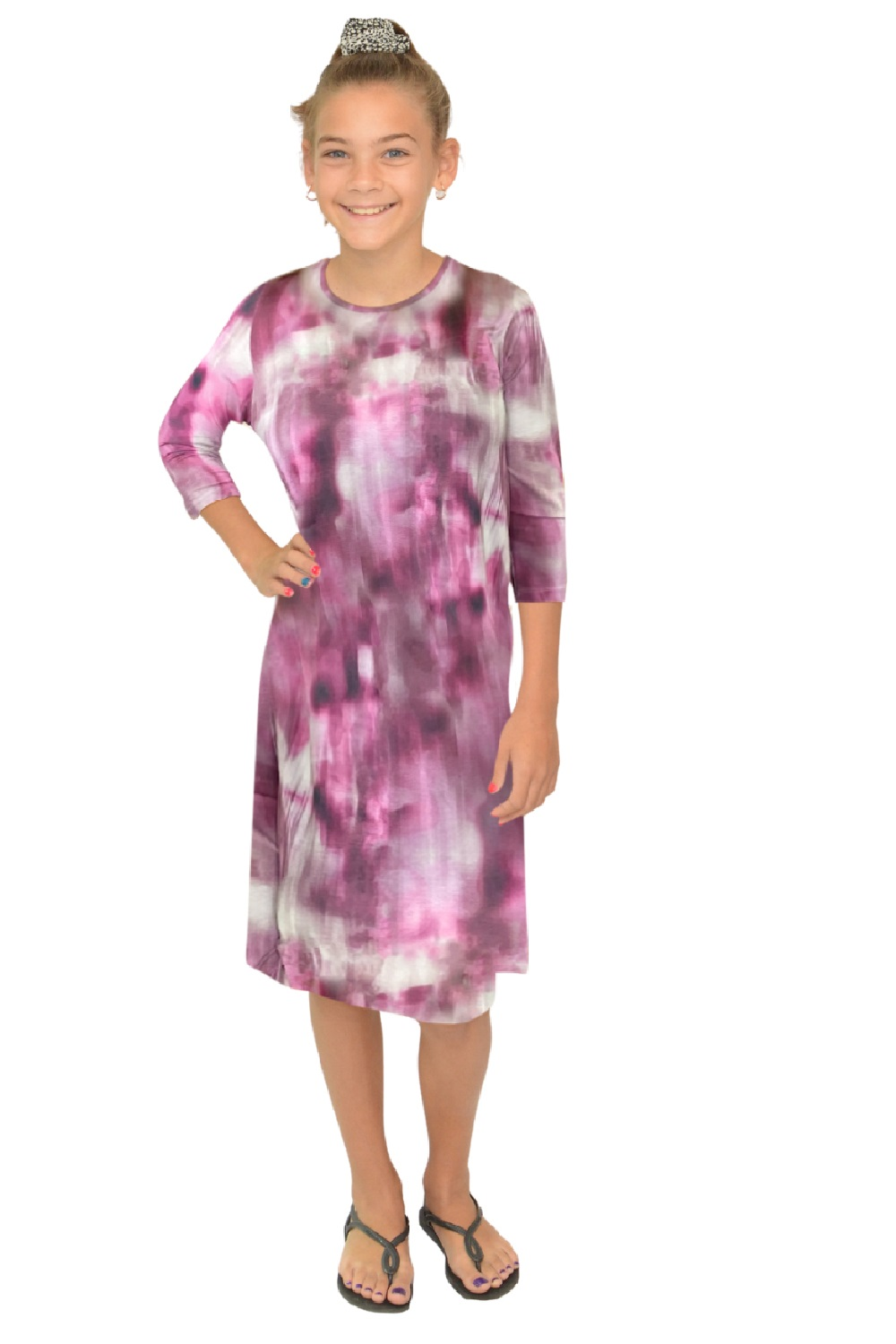 Girls' Easy Pull-On A-Line T-Shirt Dress with 3/4 Sleeves