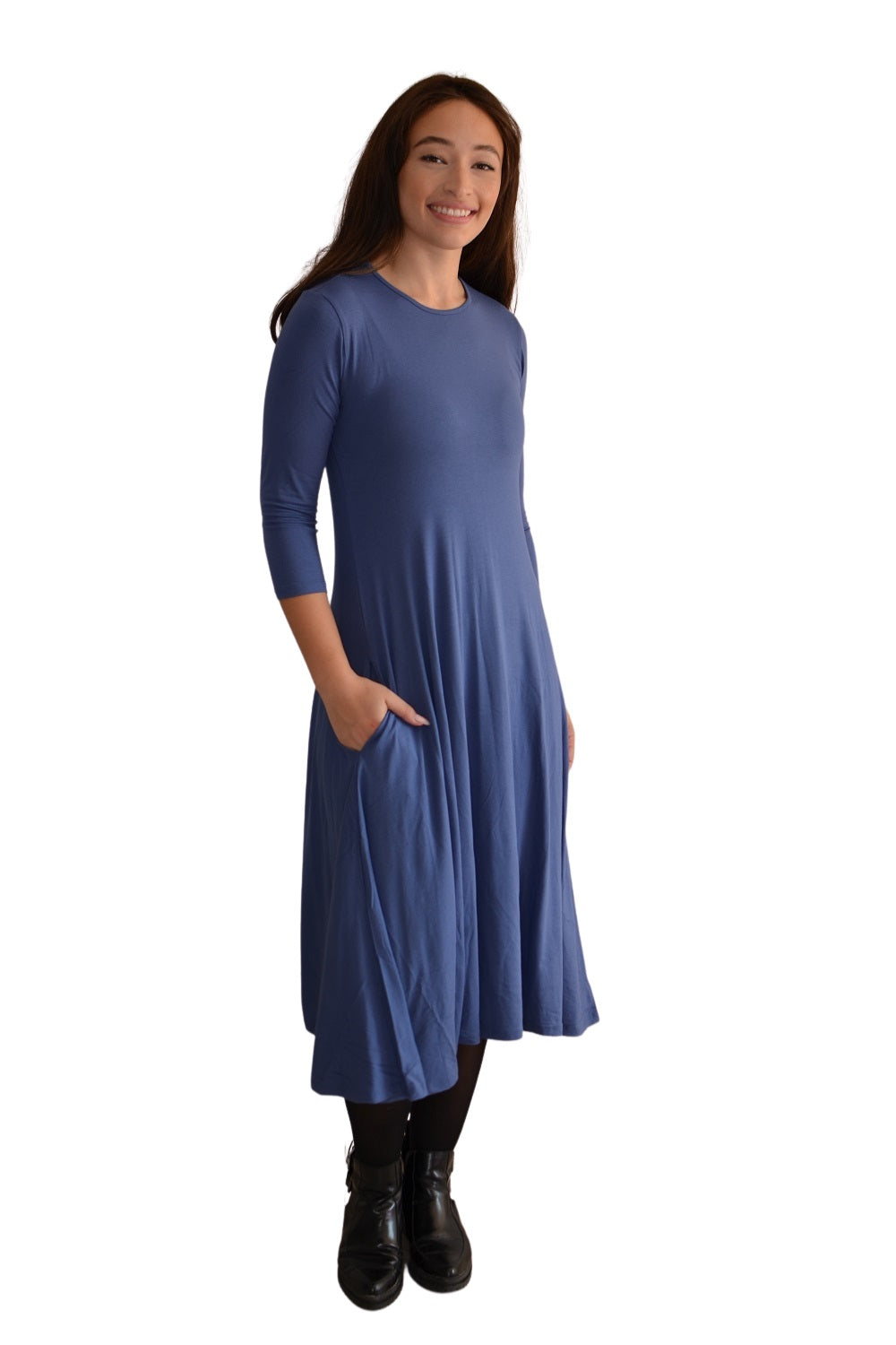Mid-Calf 3/4 Sleeve Swing Dress with Pockets