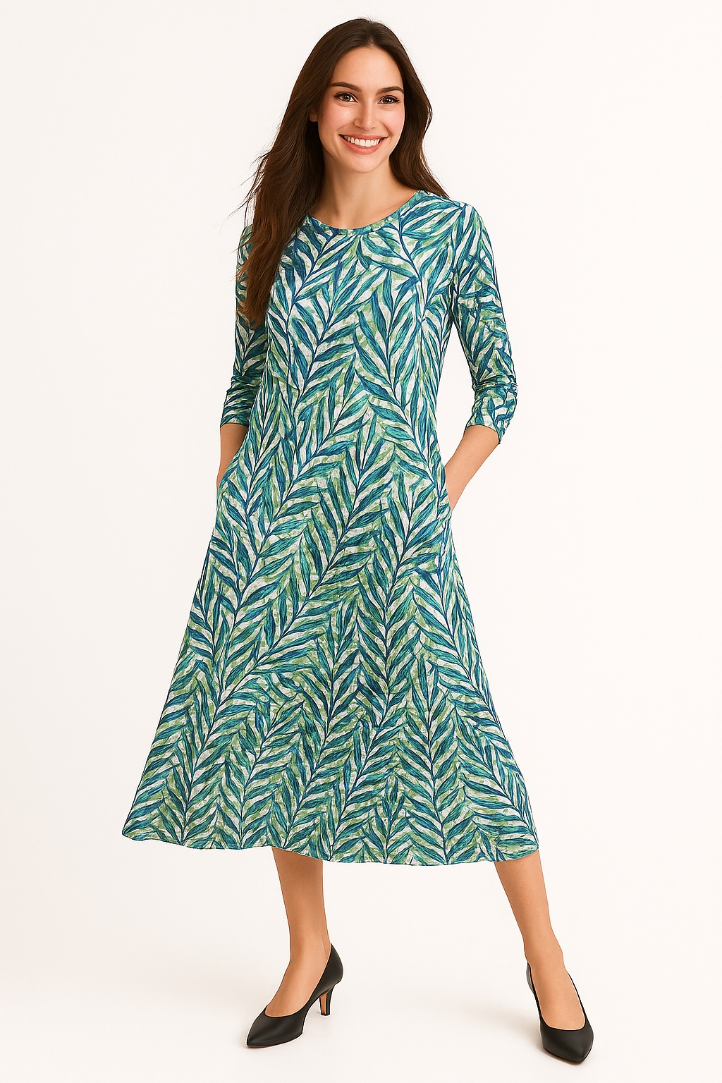 Mid-Calf 3/4 Sleeve Swing Dress with Pockets