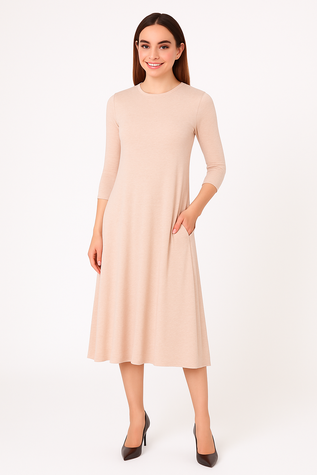 Mid-Calf 3/4 Sleeve Swing Dress with Pockets