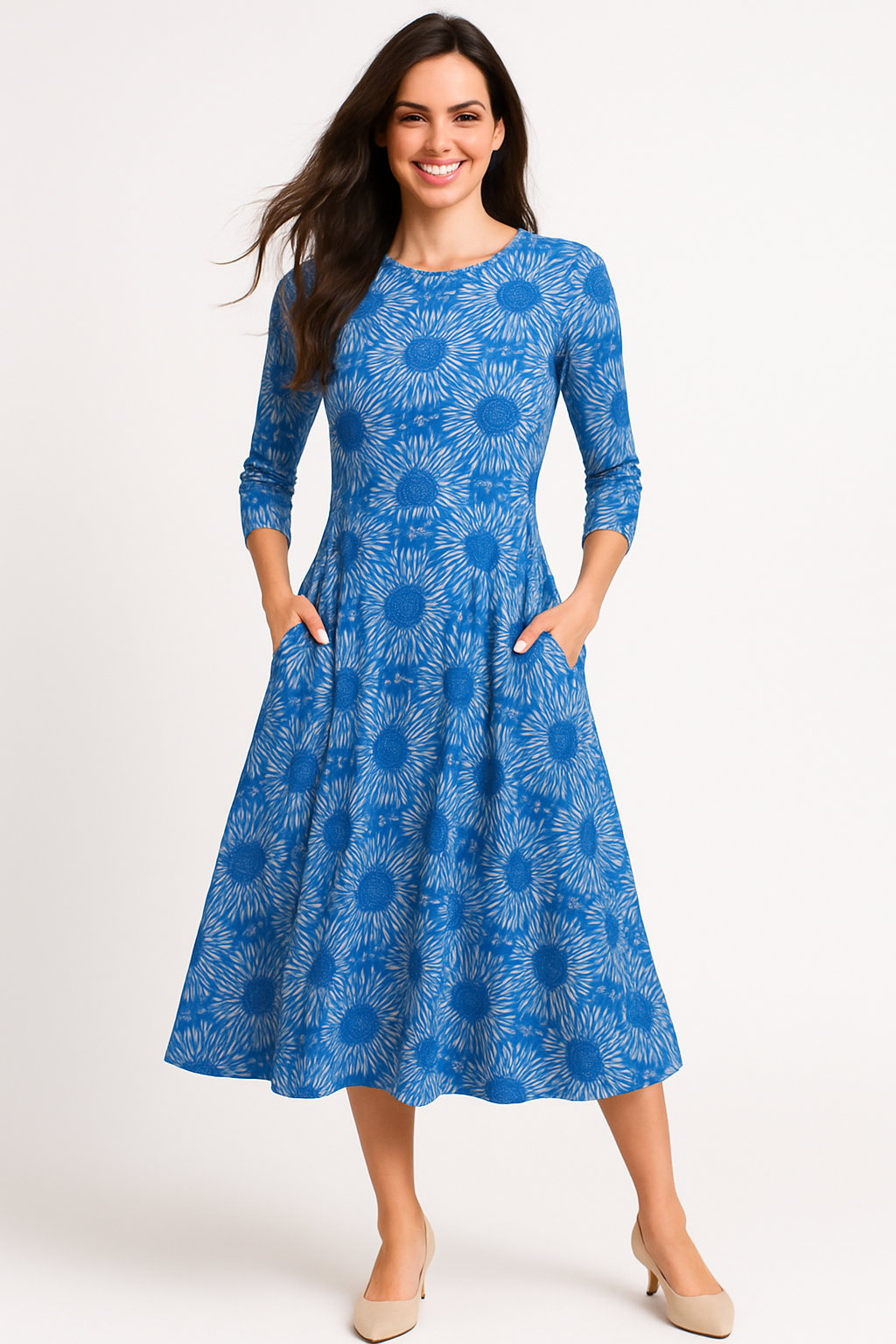 Mid-Calf 3/4 Sleeve Swing Dress with Pockets