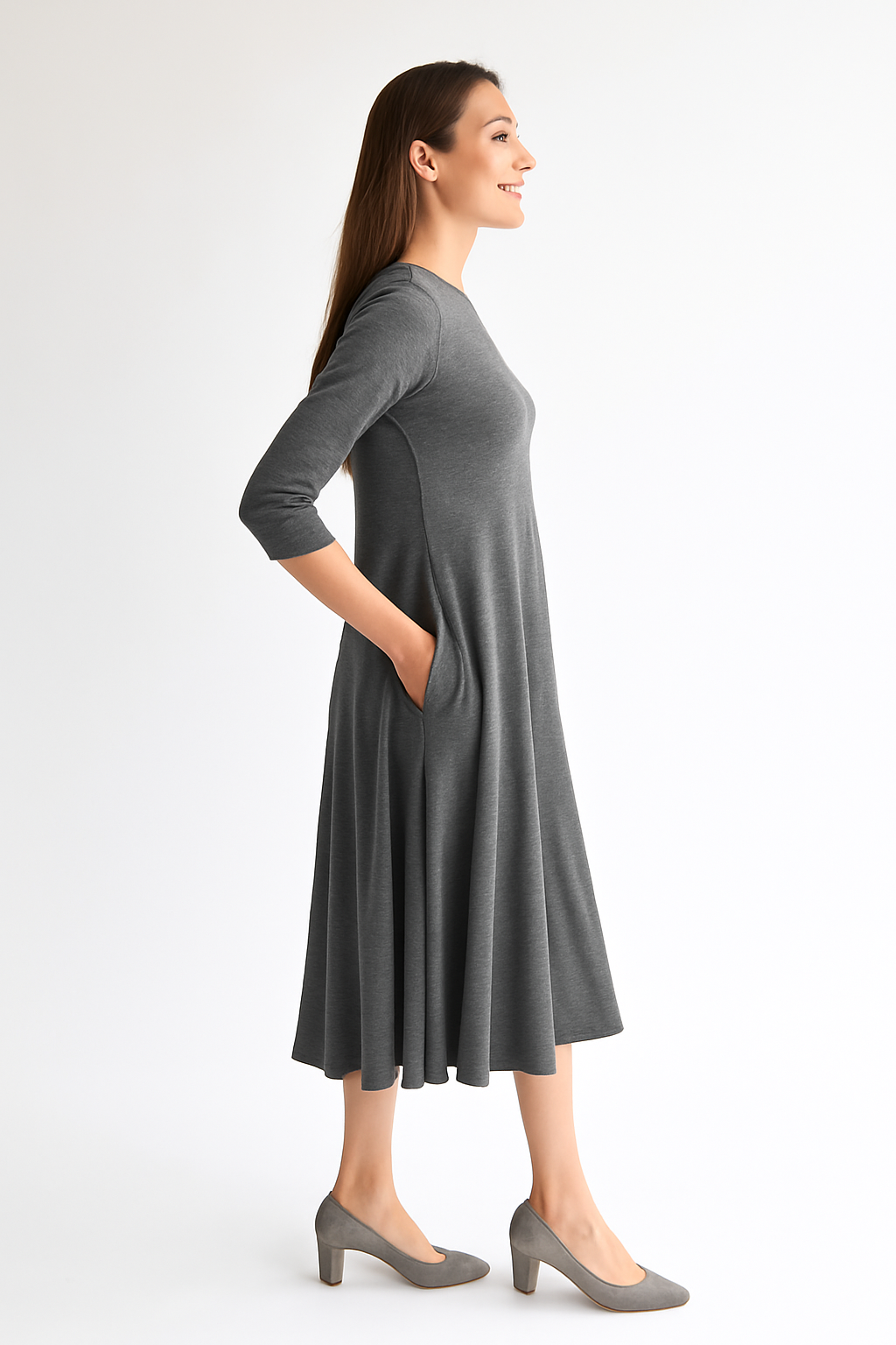 Mid-Calf 3/4 Sleeve Swing Dress with Pockets
