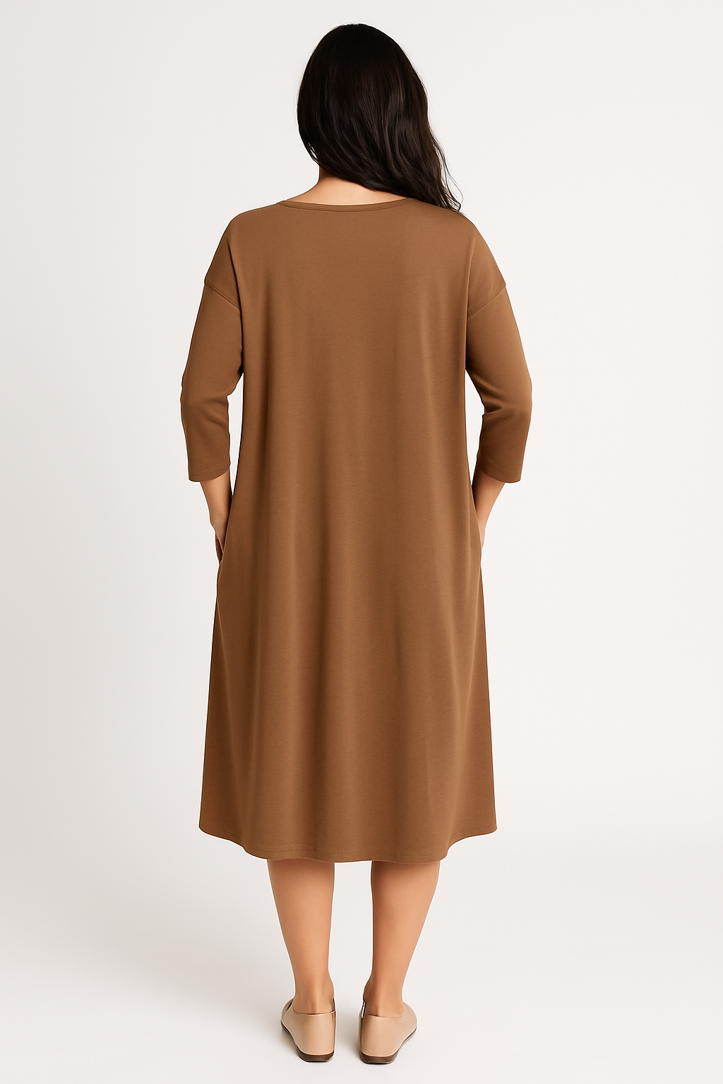 Relaxed Fit Modest 3/4 Sleeve Knee-Length Dress with Pockets