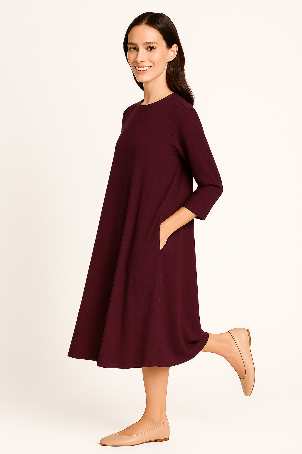 Relaxed Fit Modest 3/4 Sleeve Knee-Length Dress with Pockets