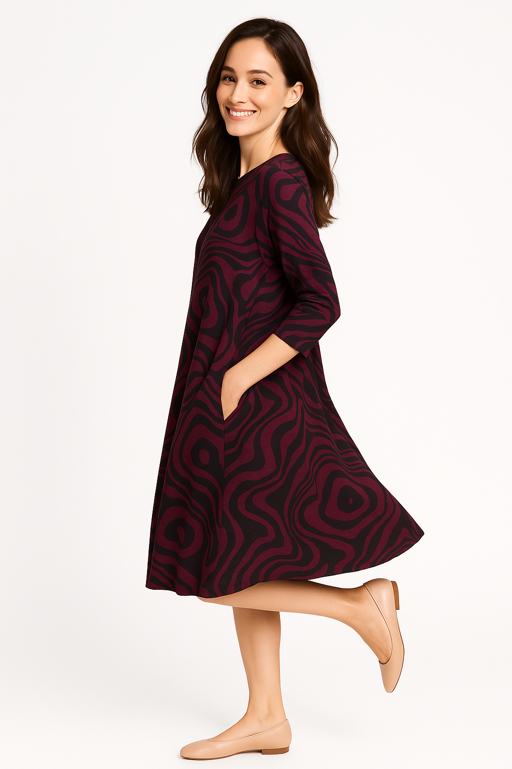 Relaxed Fit Modest 3/4 Sleeve Knee-Length Dress with Pockets