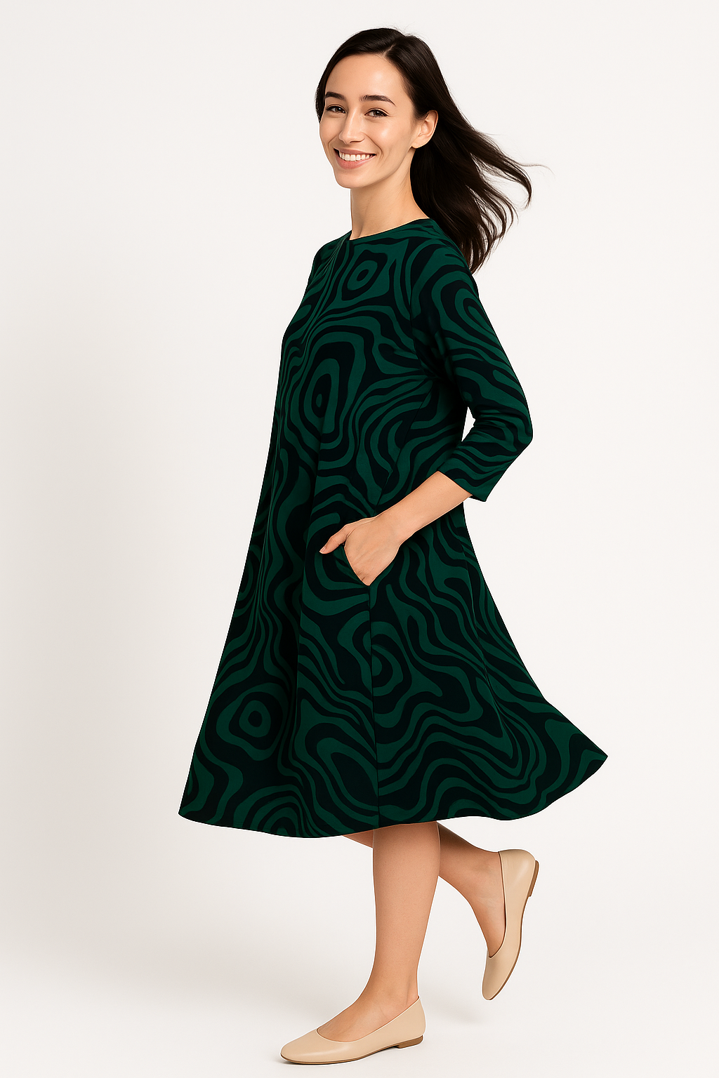 Relaxed Fit Modest 3/4 Sleeve Knee-Length Dress with Pockets