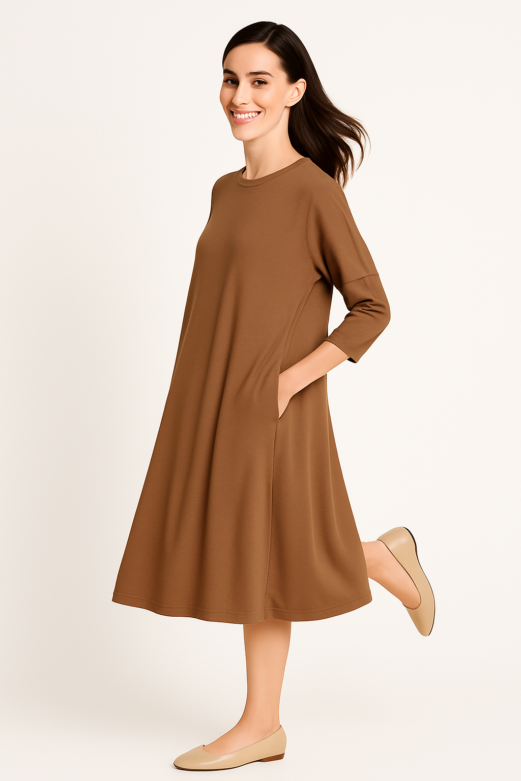 Relaxed Fit Modest 3/4 Sleeve Knee-Length Dress with Pockets