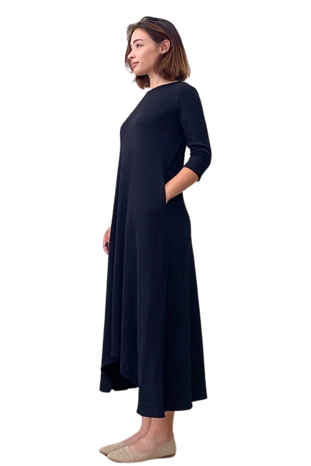 A-line Cotton Ribbed Maxi Dress - Modest Neckline,  3/4 Sleeves and Pockets