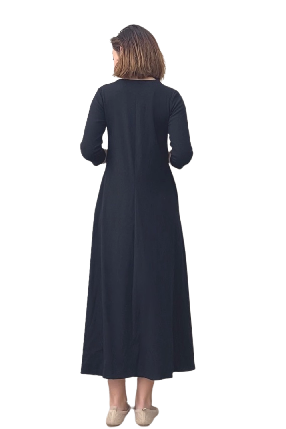 A-line Cotton Ribbed Maxi Dress - Modest Neckline,  3/4 Sleeves and Pockets