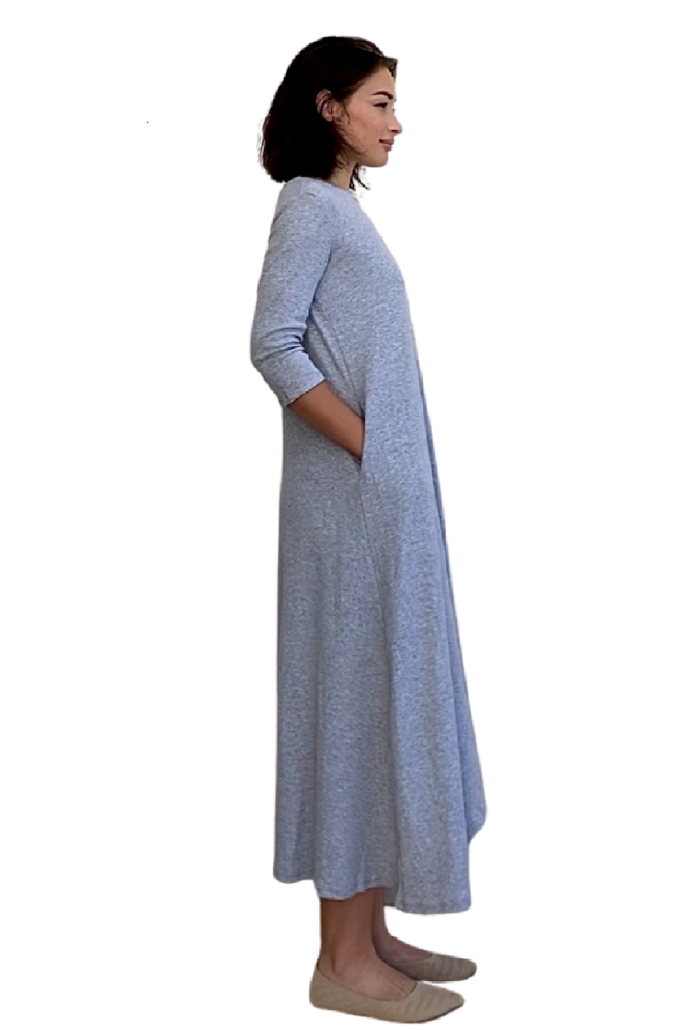 A-line Cotton Ribbed Maxi Dress - Modest Neckline,  3/4 Sleeves and Pockets