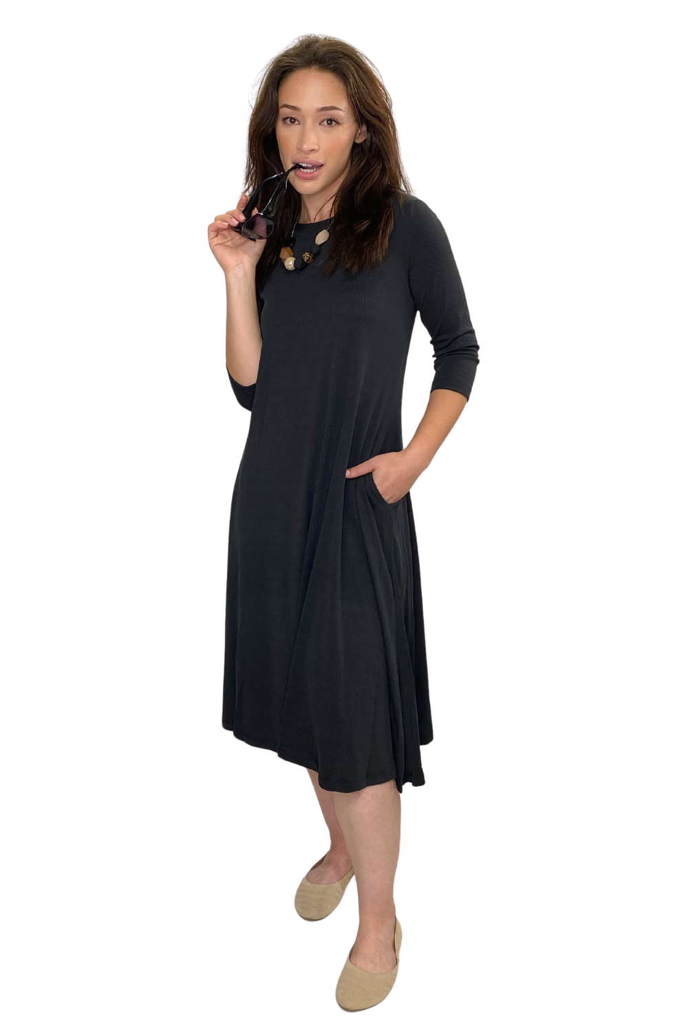 Ribbed Modal A-Line Swing Midi Dress with Pockets