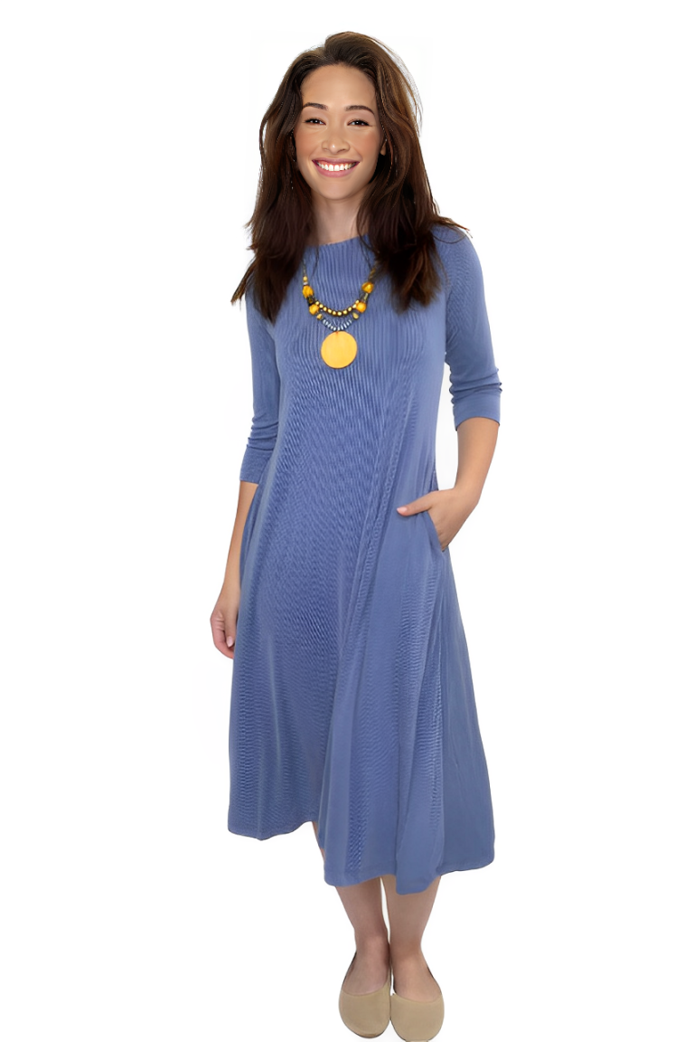 Ribbed Modal A-Line Swing Midi Dress with Pockets