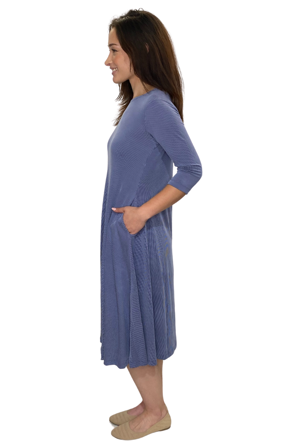 Ribbed Modal A-Line Swing Midi Dress with Pockets