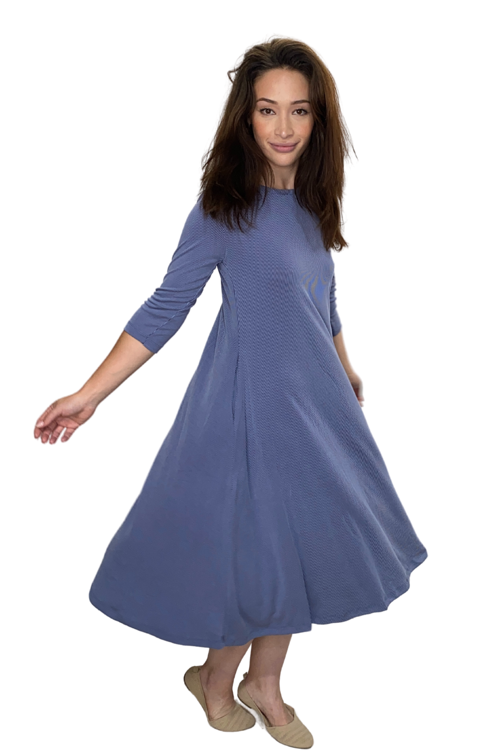 Ribbed Modal A-Line Swing Midi Dress with Pockets