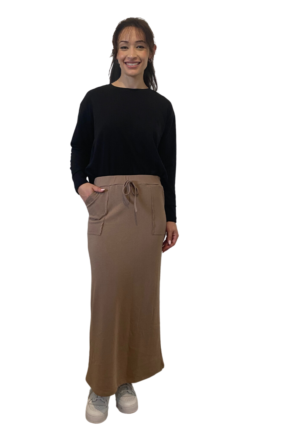 French Terry Cotton Blend Maxi Skirt with Pockets - Casual Comfort