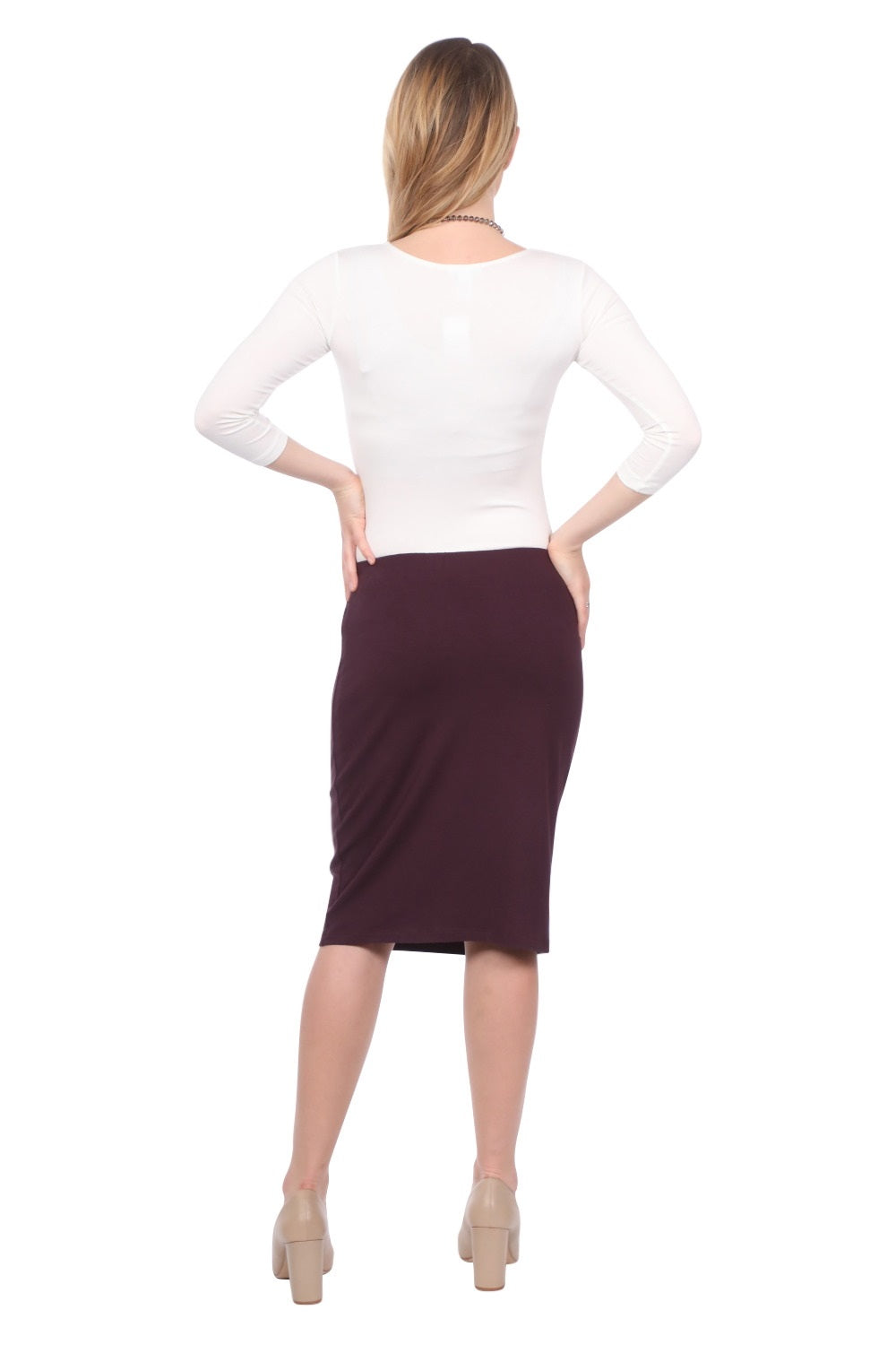 Double-Layered Fabric Knee-Length Pencil Skirt with Stretch Waistband