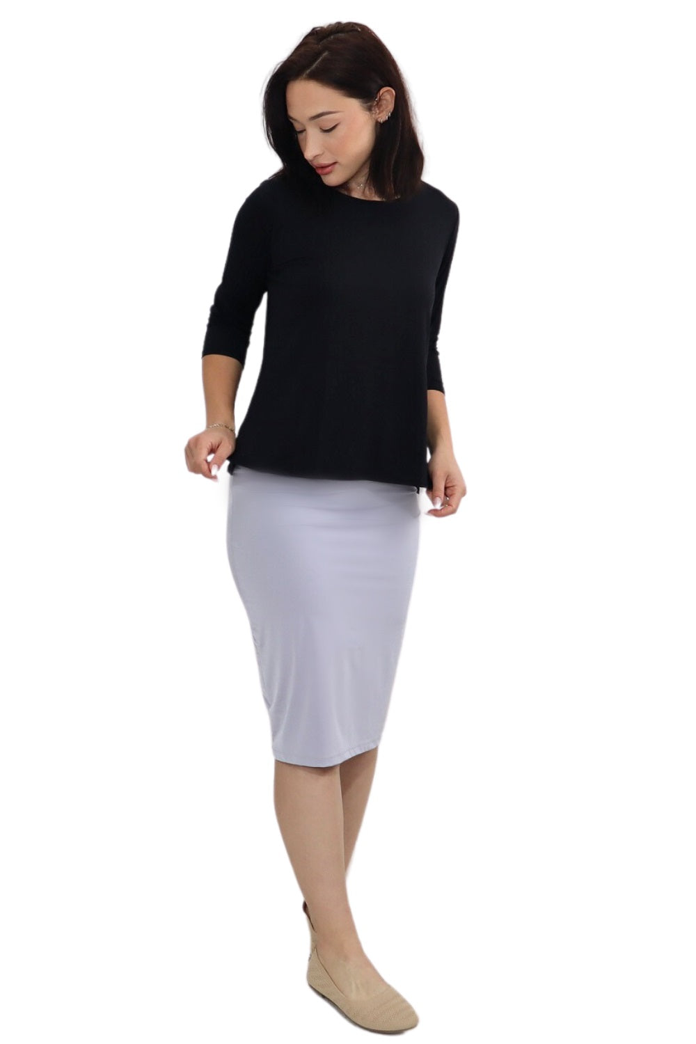 Lightweight Silky Fitted Knee-Length Pencil Skirt in Stretch Nylon