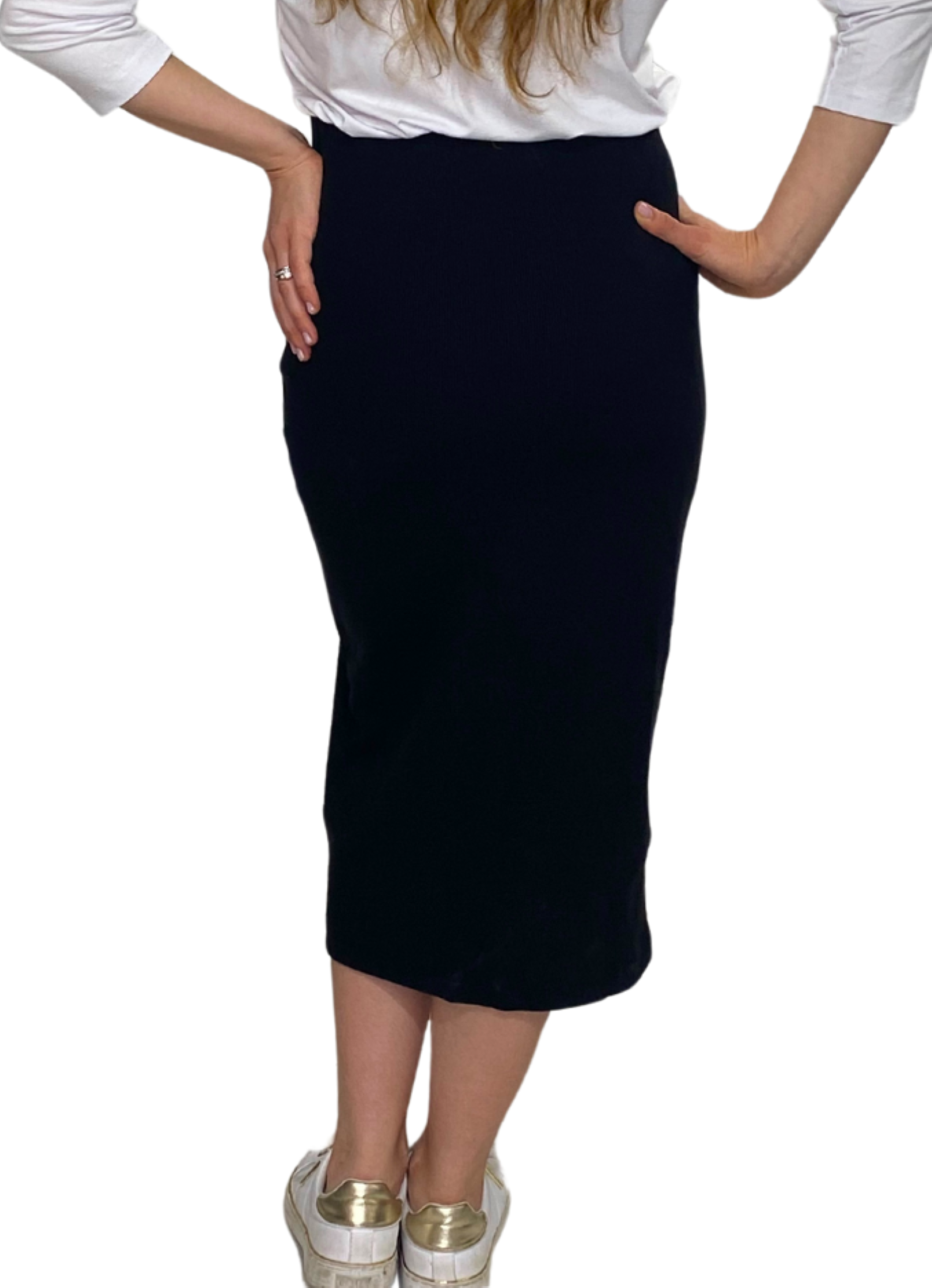 Mid-Calf Cotton Spandex Ribbed Pencil Skirt with Stylish Center Seam